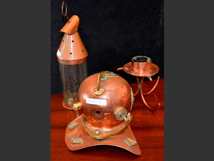 COPPER & BRASS ORNAMENTAL DIVING HELMET, COPPER CANDLE STAND & A COPPER & GLASS HURRICANE STYLE LANTERN