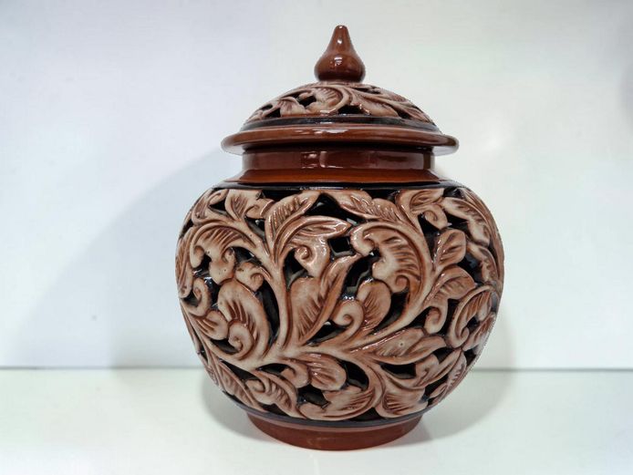 Vintage Pierced Ceramic Ginger Jar with Foliate Openwork