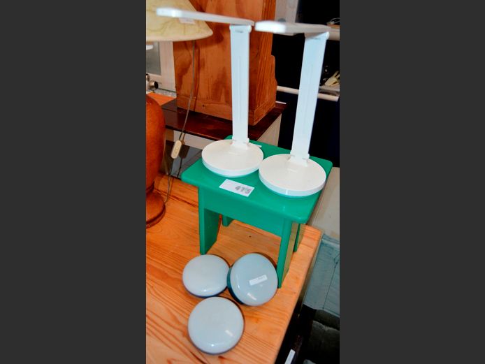 GREEN CHILDREN'S STOOL, PAIR BEDSIDE LAMPS, etc
