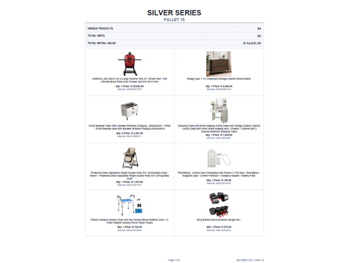 SILVER PALLET OF STOCK (NOT TESTED) TOTAL RETAIL VALUE: R 54,947.00 STC
