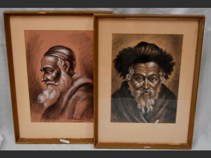 PAIR FRAMED MIXED MEDIA PORTRAITS "MEN", 43 x 30cm