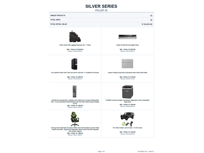 SILVER PALLET OF STOCK (NOT TESTED) TOTAL RETAIL VALUE: R 56,493.00 STC