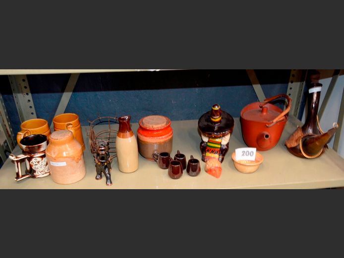 GLASS & LEATHER WINE DECANTER, TERRACOTTA TEAPOT, MEXICAN ORNAMENT, etc [17,20]