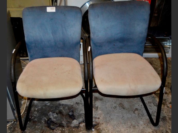 PAIR BLUE & BEIGE SUEDE SLEIGH BASE VISITOR'S CHAIRS [Needs a clean]