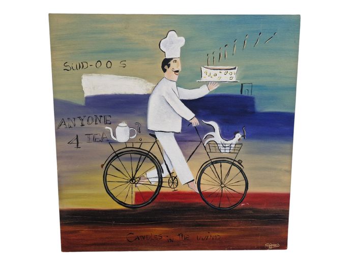 Naïve Style Chef Bicycle Painting “Candles in the Wind”