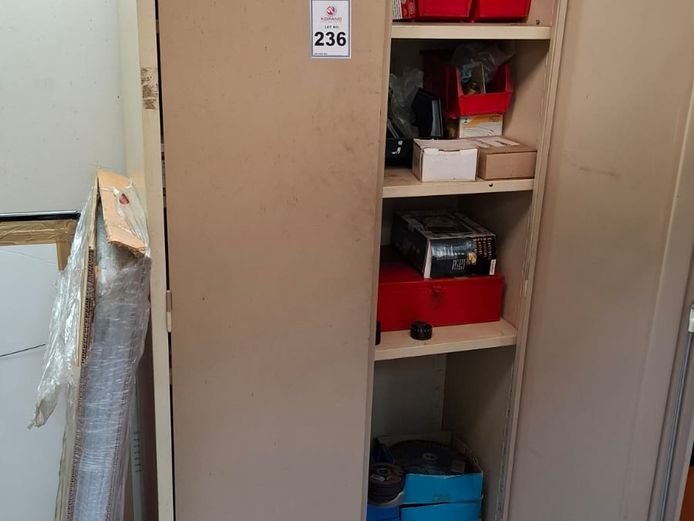 Metal cupboard, contents & box table glass