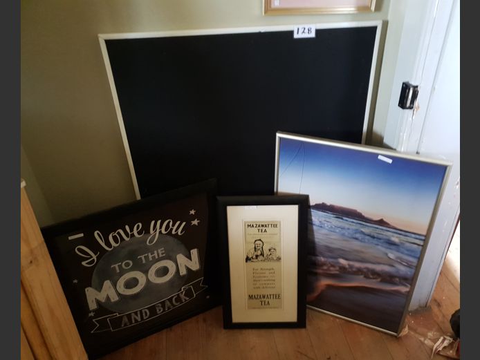 LOT: BLACK PINBOARD, FRAMED PRINT, etc