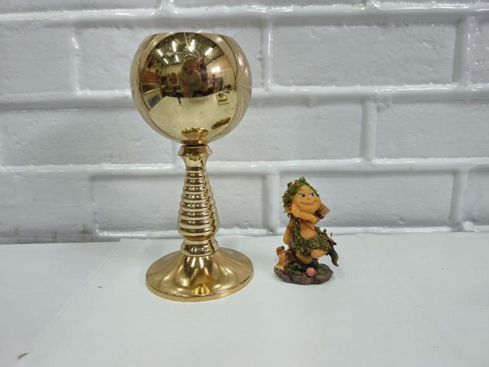 Gold Tone Metal Chalice Goblet & Woodland Elf Figurine 