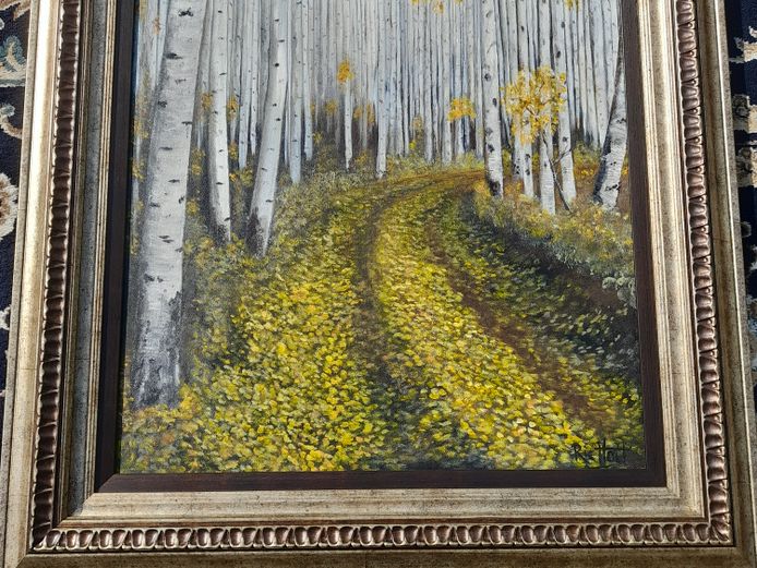 RIC HOLT ROAD IN WOODS OIL ON BOARD