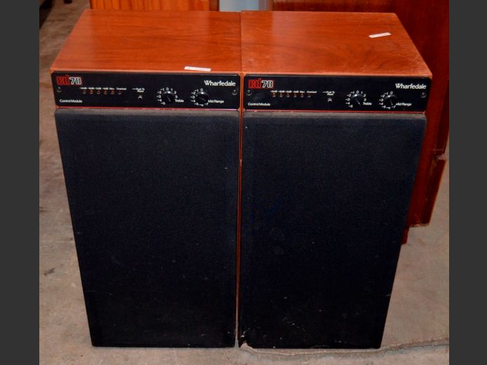 PAIR VINTAGE WHARFDALE CD70 AMPLIFIED SPEAKERS, 35 x 33 x 68cm [Untested]