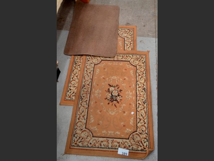 PAIR BROWN PATTERNED RUGS & ANOTHER, 90 x 60cm & 75 x 50cm