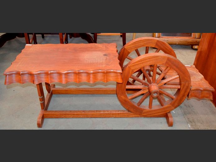 KIAAT WAGON WHEEL COFFEE TABLE, 140 x 43 x 47cm [Needs some TLC]