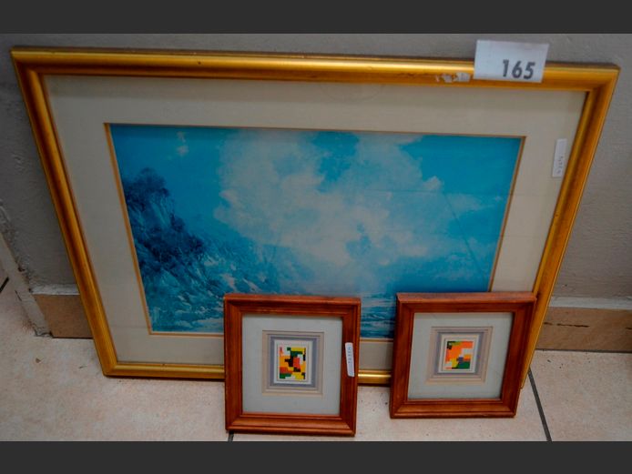 PAIR SMALL FRAMED ABSTRACT PRINTS, 5 x 4cm & A GILT FRAMED PRINT "MOUNTAIN SCENE", 45 x 31cm