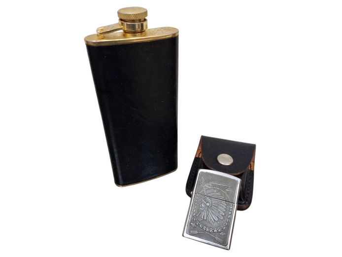 Vintage Hip Flask & Zippo Style Embossed Lighter