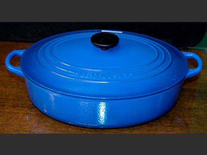 LE CREUSET BLUE CASSEROLE WITH LID, 32 x 26cm