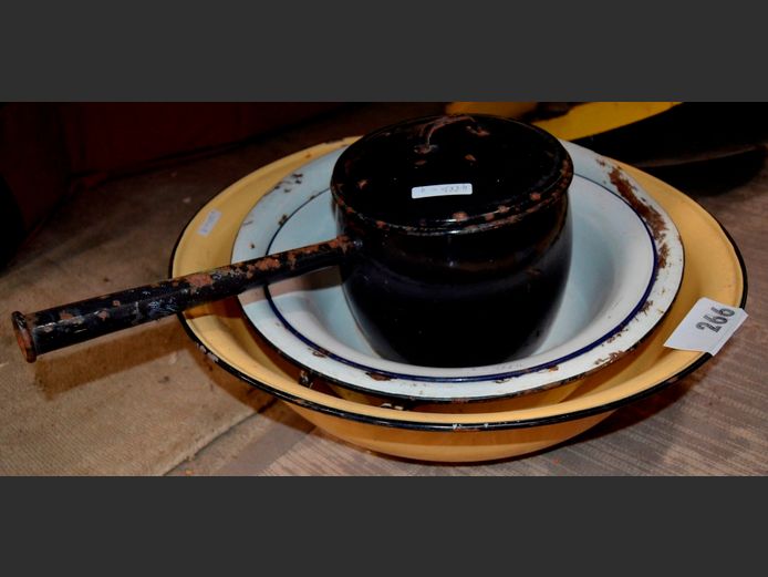 VINTAGE ENAMEL: BASINS & POT WITH LID