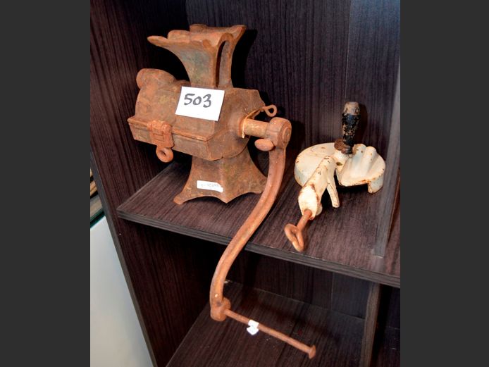 VINTAGE CAST IRON MINCER & A VINTAGE SLICER