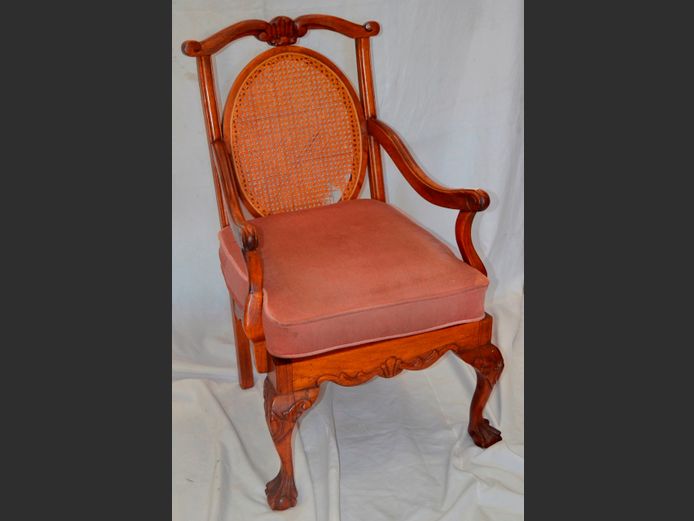 IMBUIA BALL & CLAW ARMCHAIR WITH RATTAN BACK [Rattan needs re-placing]