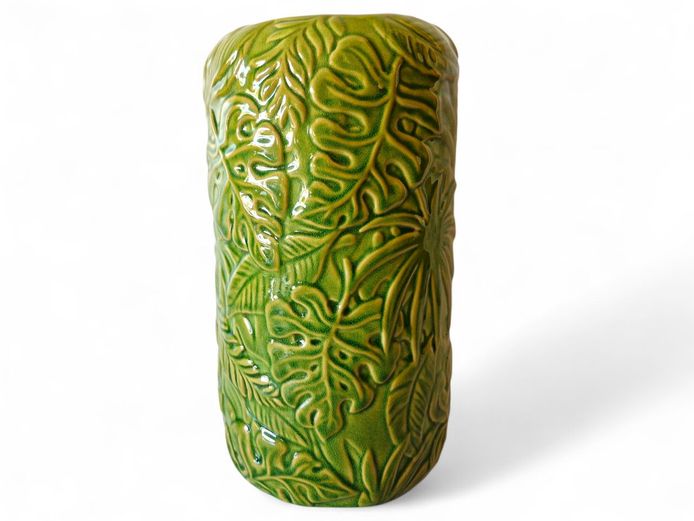 Tall Green Ceramic Vase with Raised Leaf Pattern