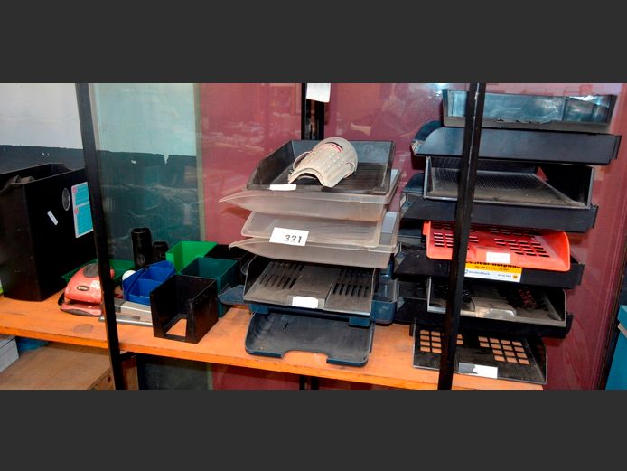 SCRIPTO PAPER SHREDDER [Switches on, untested further], ASSORTED FILING TRAYS, etc [47808-14; 47853-12,13,14]