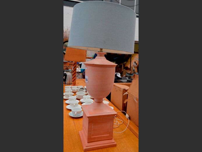 TERRACOTTA TABLE LAMP WITH SHADE, 81cm High [Some losses to base]