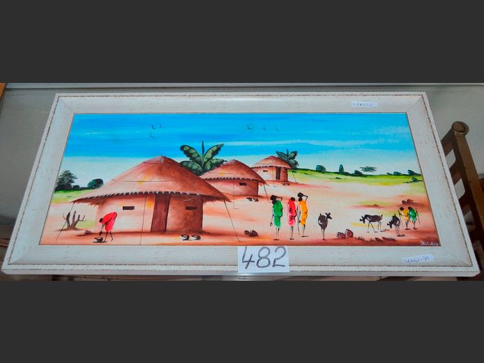 WHITE FRAMED OIL ON BOARD "AFRICAN VILLAGE", 37 x 23.5cm