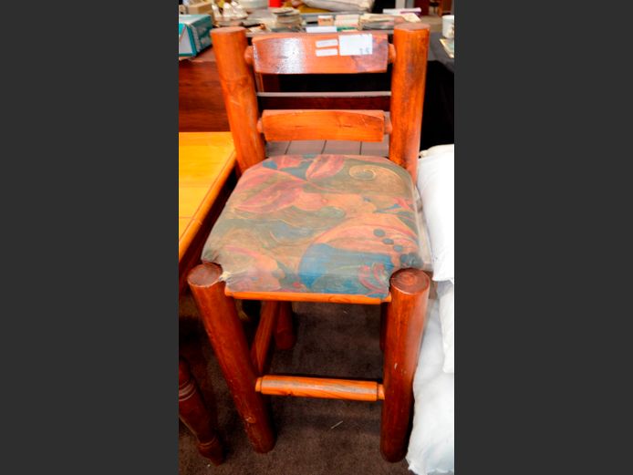PINE LOG CABIN STYLE BAR CHAIR, 75cm High [Seat torn, needs a clean]	