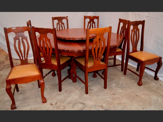 IMBUIA DINING TABLE WITH LAZY SUSAN & 8 MATCHING CHAIRS, 180cm Diameter x 73cm High [Seat needed to 1 chair]