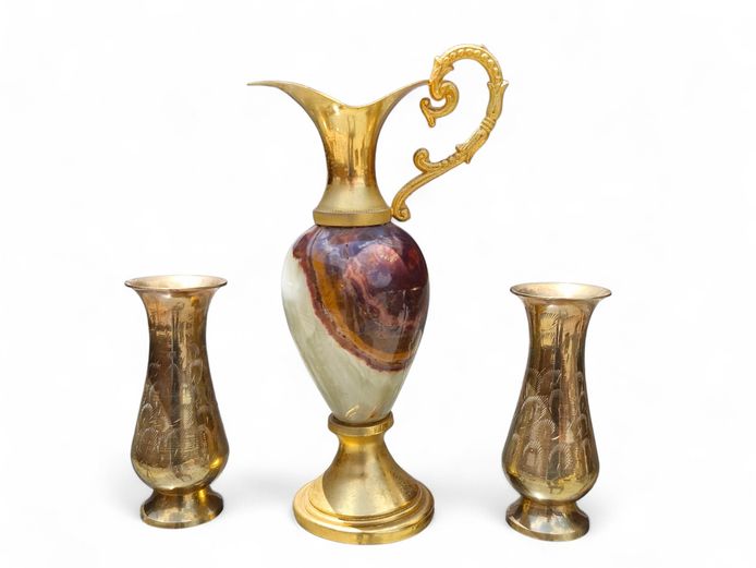Vintage Onyx & Brass Candle Holder & Brass Vases