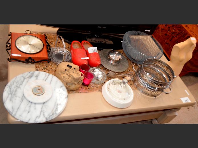 JUNGHANS ELECTRO GONG WOOD & METAL WALL CLOCK, MARBLE LAZY SUSAN, WIRE BOWL, CLOGS, etc