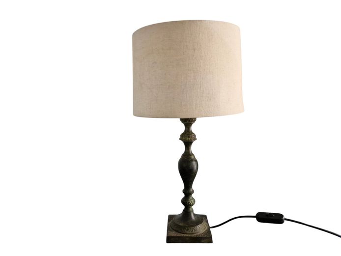 Vintage Brass/Bronze Patina Metal Table Lamp with Fabric Drum Shade – 46cm