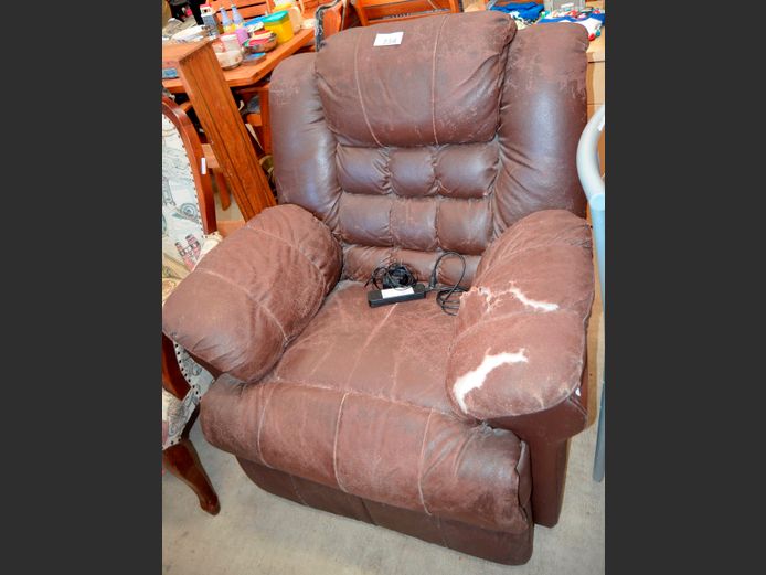 BROWN LEATHER RECLINING ARMCHAIR [Needs re-covering]
