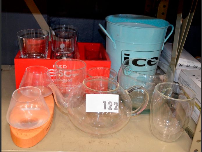 GLASS TEAPOT, GLASS ICE BUCKET, WOODEN CADDY, METAL ICE BUCKET, etc