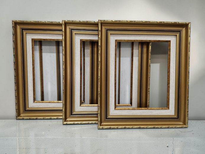 Set of 3 Ornate Gilt & Cream Wooden Picture Frames with Linen Liners