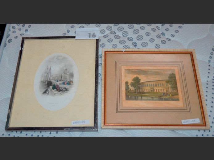 LOT OF 2 FRAMED VINTAGE PRINTS: "CUSTOM HOUSE" & "THE LIBRARY, TRINITY COLLEGE", 13 x 18cm & 16 x 12cm [Some foxing]