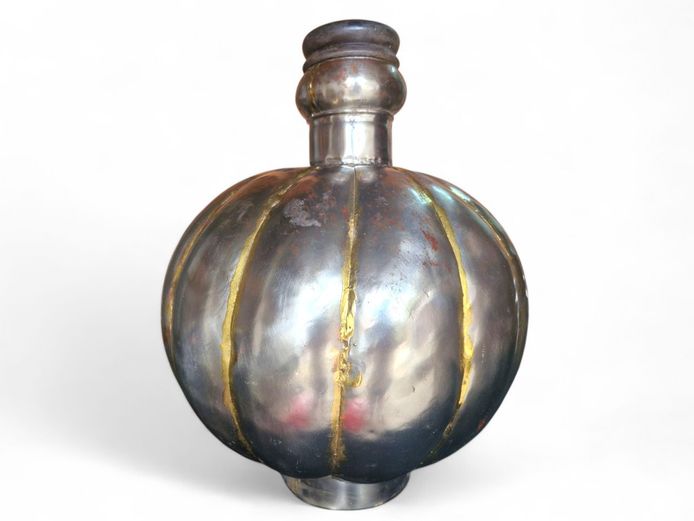 Large Vintage Silver & Brass Metal Canteen with Wooden Top