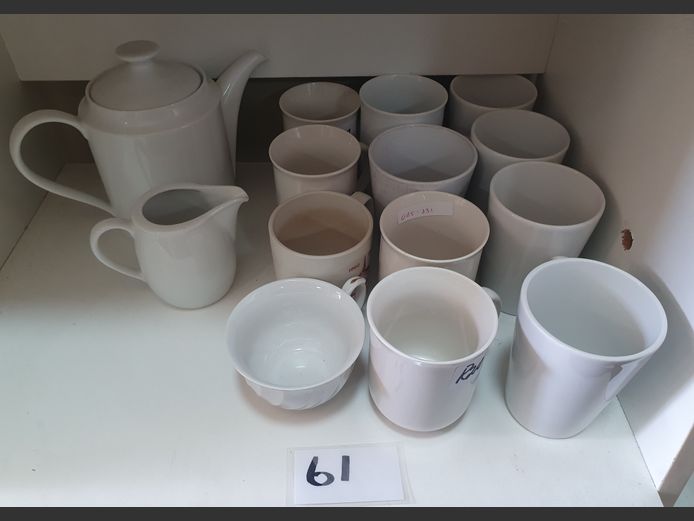 LOT: WHITE CUPS, CREAMER & TEAPOT WITH LID