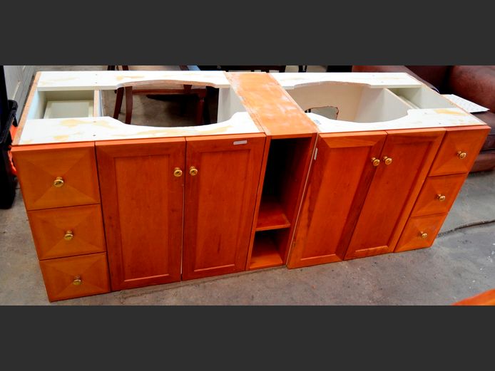 LOT: 2 x CHERRYWOOD 2-DOOR, 3-DRAWER CABINETS, 77 x 58 x 68cm & 97 x 58 x 68cm [No tops]