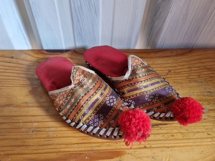 Vintage Turkish Handmade Leather Slippers with Red Pom-Poms