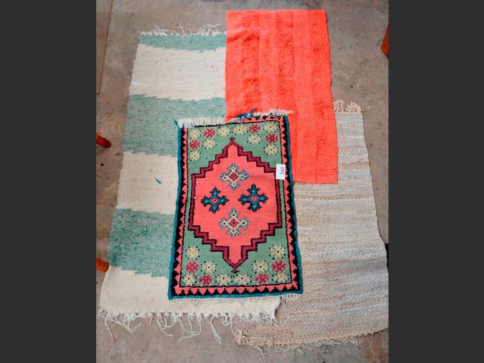 LOT: WOOL & WOVEN LEATHER RUGS,  MATS, etc