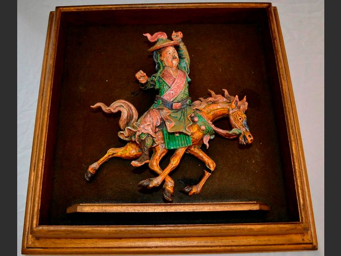 ANTIQUE CHINESE GLAZED POTTERY HORSE MOUNTED WARRIOR, 52 x 52cm [1 leg needs repairs]