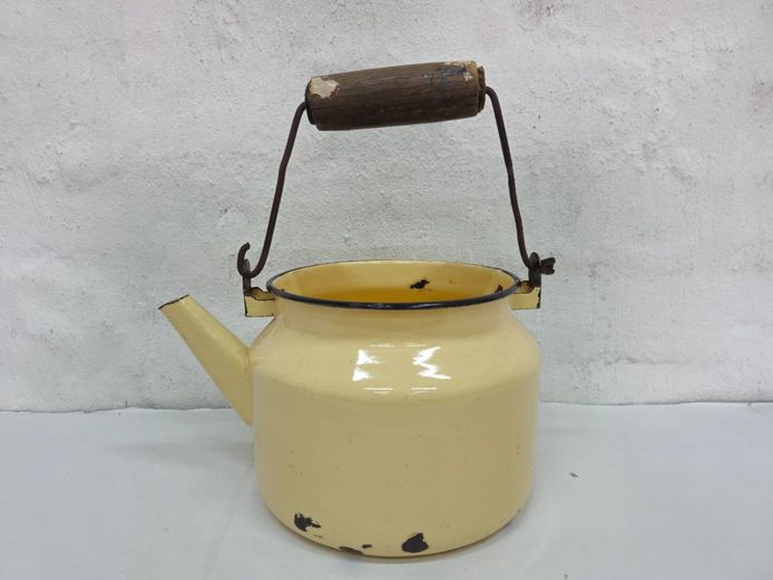 Vintage Enamel Kettle with Wooden Overhead Handle