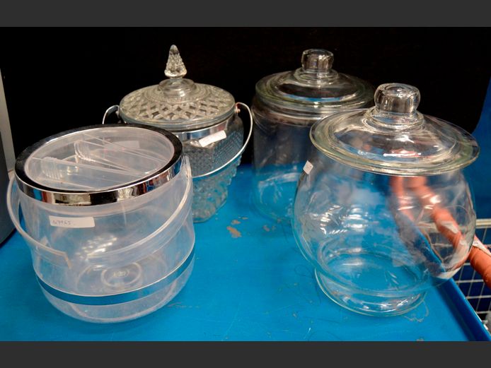 GLASS COOKIE JARS WITH LIDS, GLASS ICE BUCKET, etc