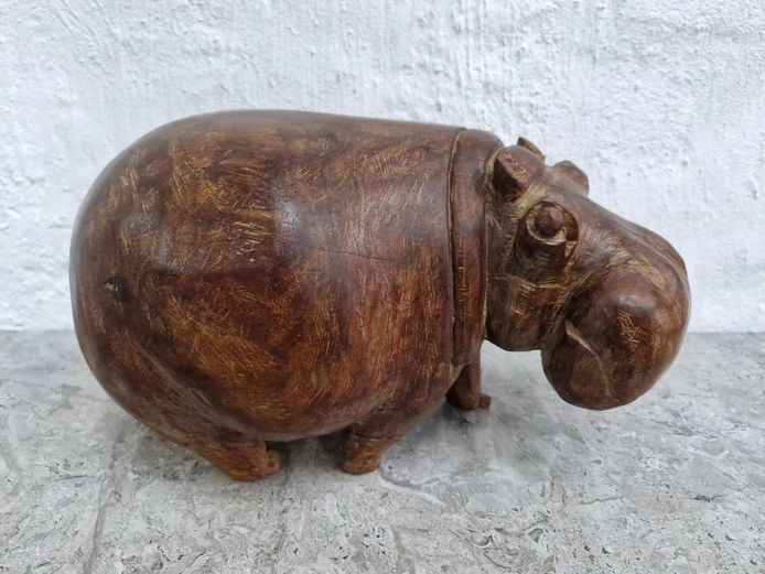 African Hand-Carved Wooden Hippo Sculpture 