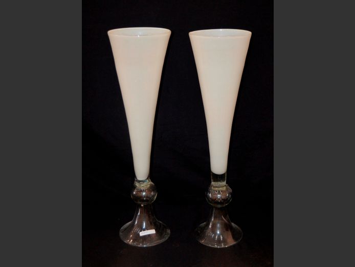 PAIR CLEAR & MILKY GLASS CYLINDRICAL VASES, 16cm Diameter x 59cm High