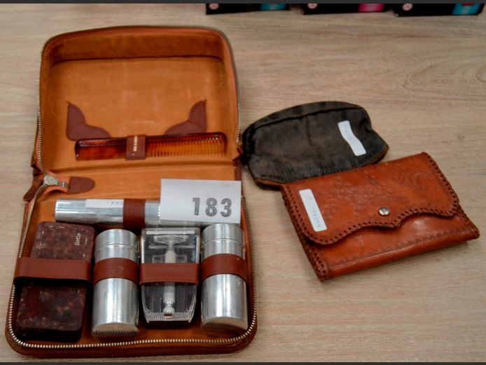 VINTAGE SHAVING KIT IN LEATHER CASE, LEATHER WALLET, etc
