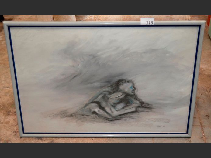 FRAMED CHARCOAL "FACE" SIGNED INGE, 99 x 66cm