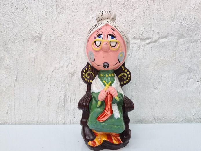 Vintage 1970s Chalkware "Knitting Granny" Rocking Chair Coin Bank