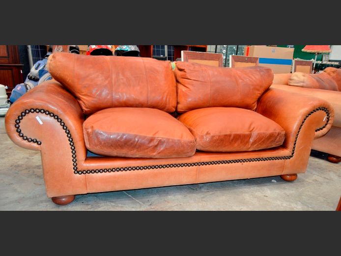TAN LEATHER 2-SEATER COUCH, 230 x 100cm [Faded, needs a polish]