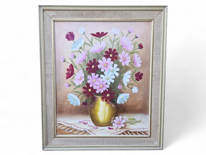 Kluever Signed Cosmos Still Life Oil Painting